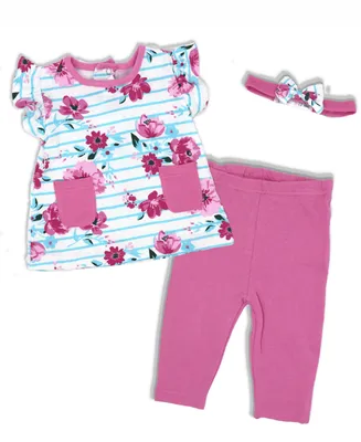 Miss Baby Girls Pink Floral Top, Legging Pants and Headband, 3 Piece Set