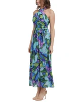 London Times Women's Floral-Print Wrap-Neck Tie-Front Halter Maxi Dress