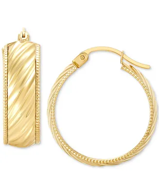 Wide Width Diagonal Textured Small Hoop Earrings in 10k Gold, 1"