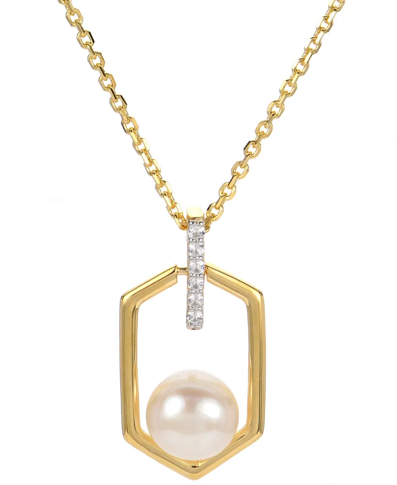 Cultured Freshwater Button Pearl (7mm) & Lab-Created White Sapphire (1/10 ct. t.w.) Hexagon 18" Pendant Necklace in 14k Gold-Plated Sterling Silver