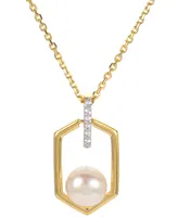 Cultured Freshwater Button Pearl (7mm) & Lab-Created White Sapphire (1/10 ct. t.w.) Hexagon 18" Pendant Necklace in 14k Gold-Plated Sterling Silver