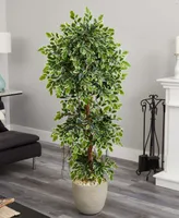 Nearly Natural 63" Elegant Ficus Artificial Tree in Sandstone Planter