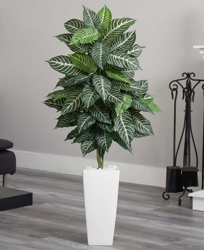 Nearly Natural 4' Zebra Artificial Plant in White Tower Planter