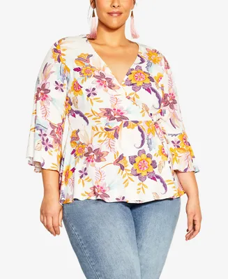 City Chic Plus Island Print Wrap Top