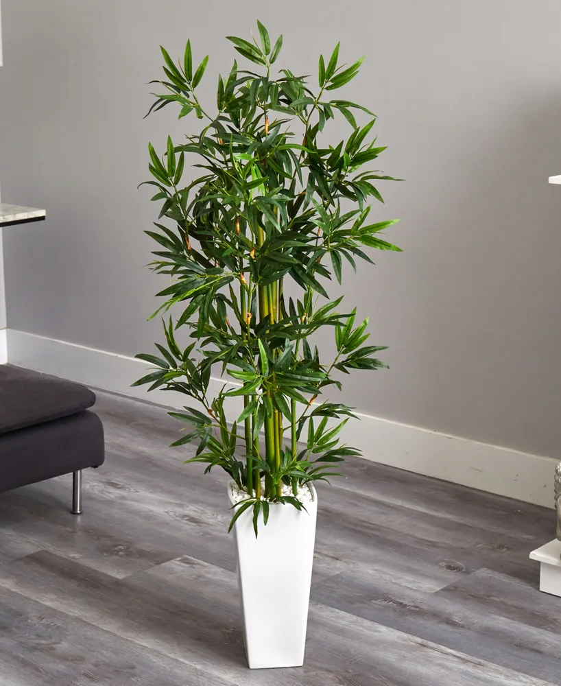 Nearly Natural 4.5' Bamboo Artificial Tree In White Tower Planter ...