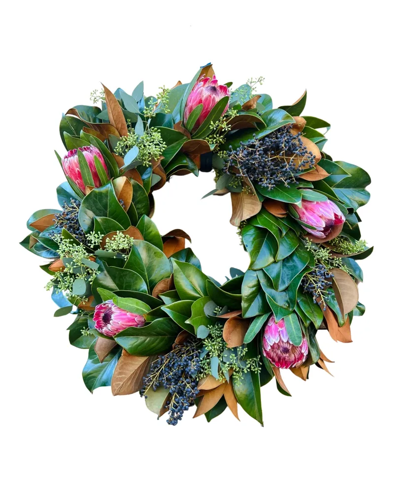 GreenishBlu Fresh Real Magnolia and Pink Ice Protea Flower Spring Wreath