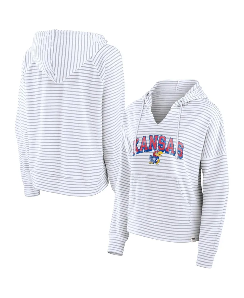 Women's Fanatics White Kansas Jayhawks Striped Notch Neck Pullover Hoodie