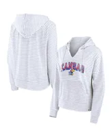 Women's Fanatics White Kansas Jayhawks Striped Notch Neck Pullover Hoodie