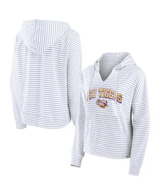 Women's Fanatics White Lsu Tigers Striped Notch Neck Pullover Hoodie