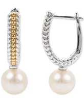 Cultured Freshwater Pearl (6 1/2mm) Hoop Earrings in Sterling Silver & 14k Gold-Plate