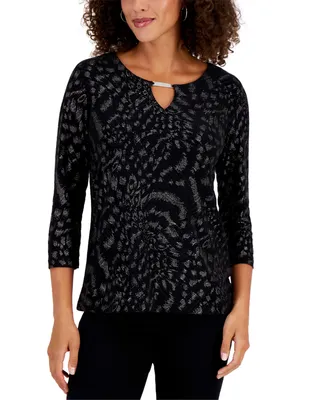Jm Collection Women's Glitter Cheetah-Print Hardware-Detail Top, Created for Macy's