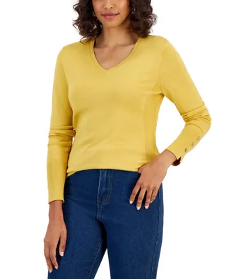 Jm Collection Button-Cuff V-Neck Sweater, Created for Macy's