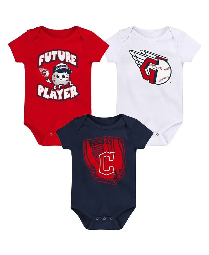 Newborn and Infant Boys Girls Red, Navy, White Cleveland Guardians Minor League Player Three-Pack Bodysuit Set