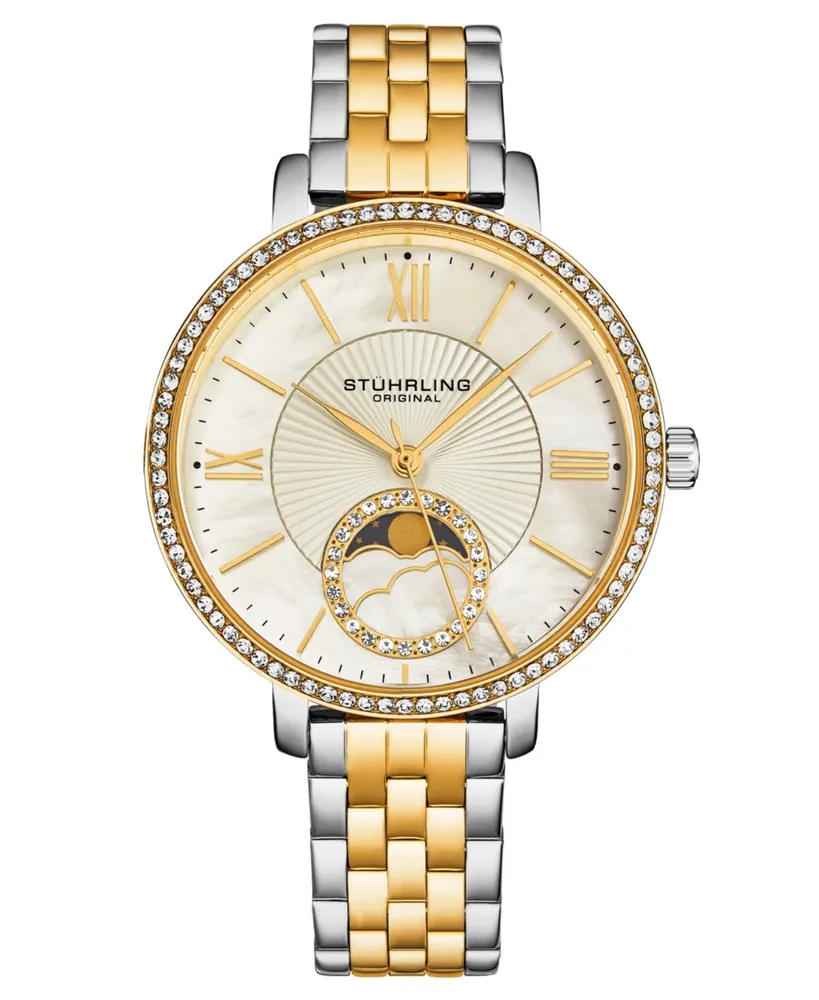 Stuhrling Women's Quartz Sil SIlver Alloy Case, Gold  and Silver Ss Link Bracelet Watch Moonphase  Crystal Studded Bezel White Mother-of-Pearl Dial