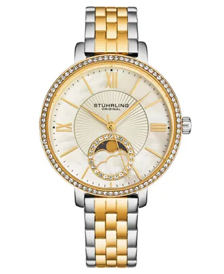 Stuhrling Women's Quartz Sil SIlver Alloy Case, Gold  and Silver Ss Link Bracelet Watch Moonphase  Crystal Studded Bezel White Mother-of-Pearl Dial