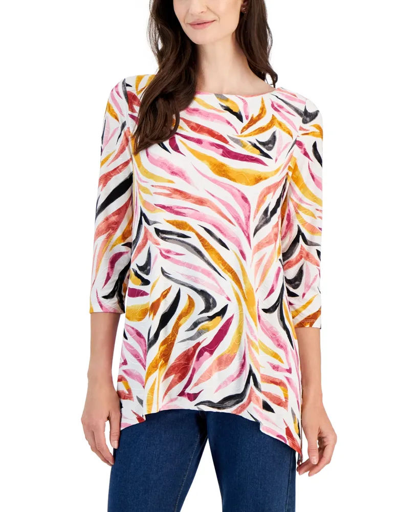 Jm Collection Women's Printed 3/4-Sleeve Jacquard Swing Top