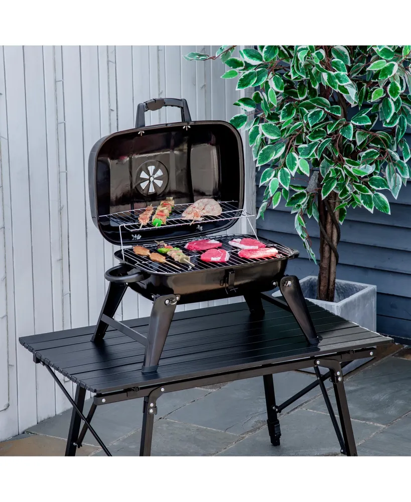 Outsunny 14'' Iron Tabletop Charcoal Grill with Portable Anti-Scalding Handle Design, Folding Legs for Outdoor Bbq for Poolside, Backyard, Garden