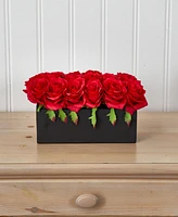 Nearly Natural Dozen Silk Roses in Ceramic Rectangular Planter