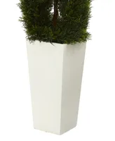 Nearly Natural 5.5' Double Pond Cypress Spiral Topiary Artificial Tree in White Tower Planter Uv Resistant