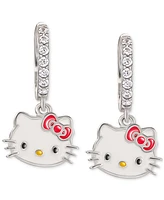 Cubic Zirconia & Enamel Hello Kitty Dangle Hoop Drop Earrings in Sterling Silver