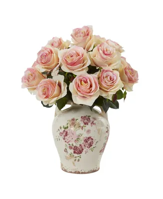 Nearly Natural Rose Artificial Arrangement in Flower Print Jar