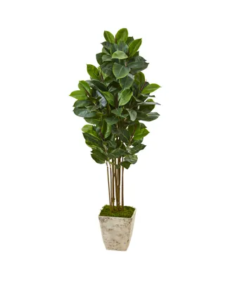 Nearly Natural 63in. Rubber Leaf Artificial Tree in Country White Planter