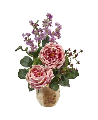 Nearly Natural Large Rose and Dancing Daisy Artificial Arrangement in Wooden Pot