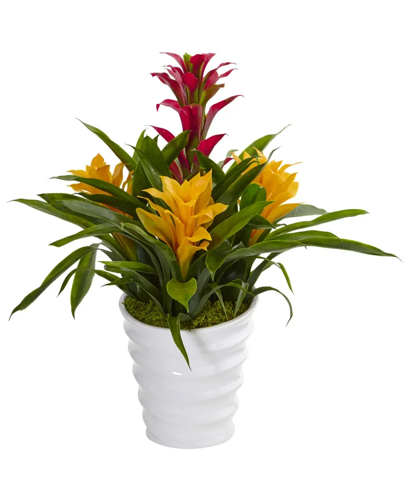 Nearly Natural Tropical Bromeliad Artificial Plant in White Swirl Vase