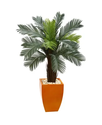 Nearly Natural 4.5' Cycas Artificial Tree in Orange Planter Uv Resistant