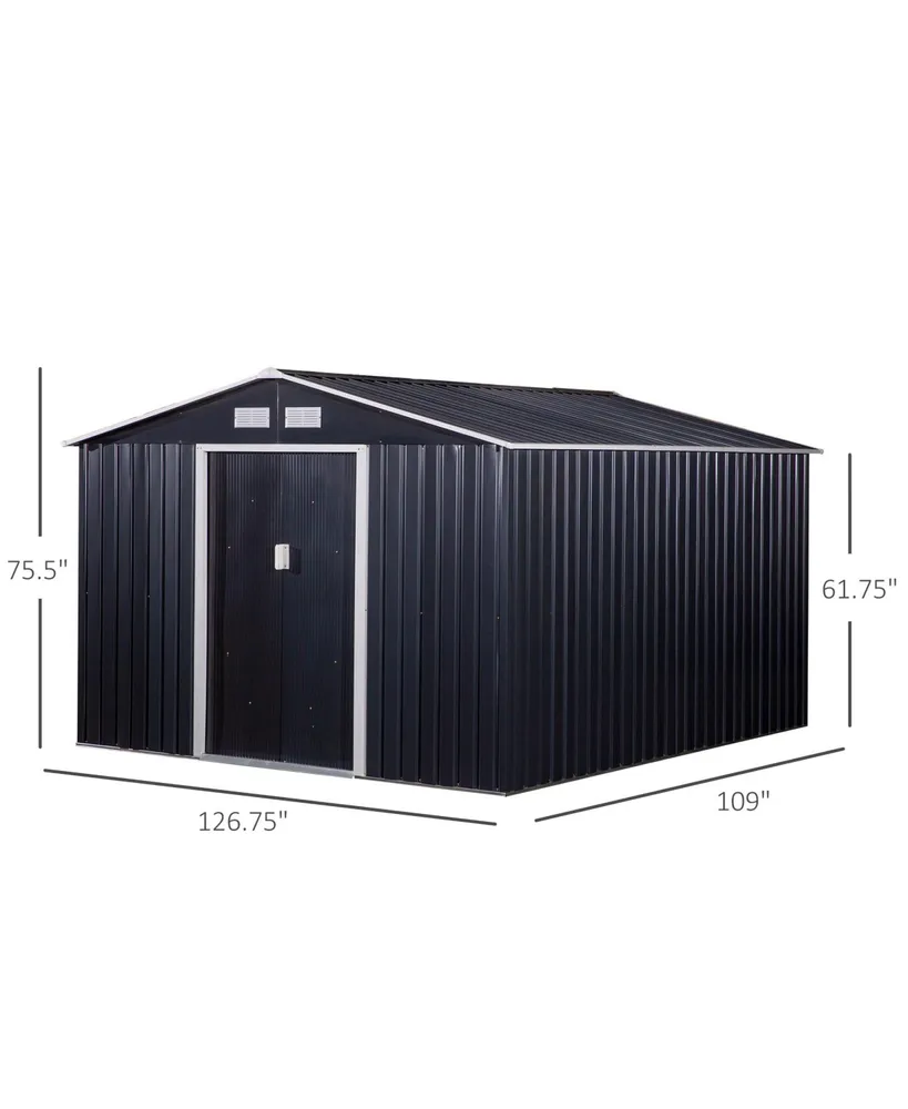 Outsunny 11' x 9' Metal Storage Shed Garden Tool House with Double Sliding Doors, 4 Air Vents for Backyard, Patio, Lawn Dark Grey