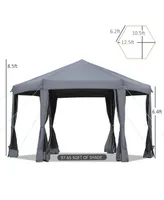 Outsunny 13' x 13' Heavy Duty Pop Up Canopy with Hexagonal Shape, 6 Mesh Sidewall Netting, 3-Level Adjustable Height and Strong Steel Frame, Grey