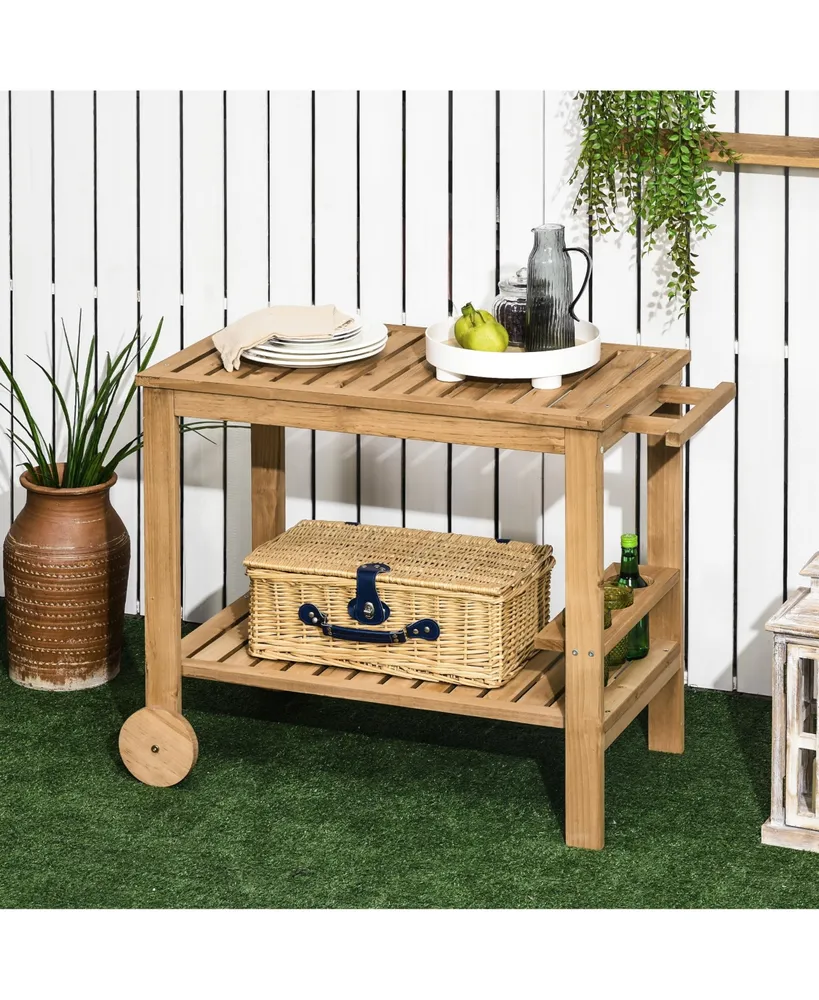 Outsunny Outdoor Bar Cart, Wood Rolling Home Bar & Serving Cart with 2 Shelves, Wine Bottle Holders for Garden, Dining Room, Natural