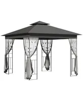 Outsunny 10' x 10' Outdoor Patio Gazebo Canopy with 2-Tier Polyester Roof, Netting, Curtain Sidewalls, and Steel Frame, Grey