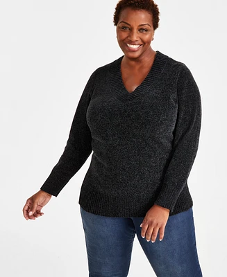 Style & Co Plus Size V-Neck Long-Sleeve Chenille Sweater, Created for Macy's
