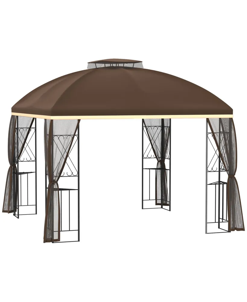 Outsunny 10' x 10' Patio Gazebo, Double Roof Outdoor Gazebo Canopy Shelter with Removable Mesh Netting, Display Shelves, Brown