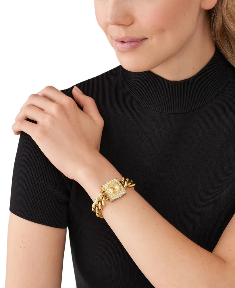 Michael Kors Women's Mk Chain Lock Quartz Three-Hand Gold-Tone Stainless Steel Watch 25mm
