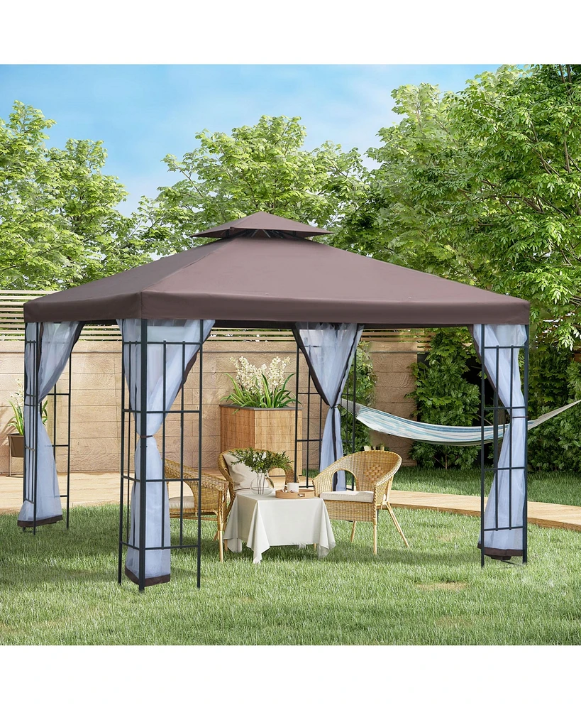 Outsunny 10' x 10' Outdoor Gazebo, Double Tiered Canopy Tent with Mesh Netting, and Steel Frame for Patio, Backyards and Parties, Coffee