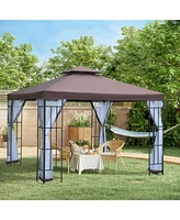 Outsunny 10' x 10' Outdoor Gazebo, Double Tiered Canopy Tent with Mesh Netting, and Steel Frame for Patio, Backyards and Parties, Coffee