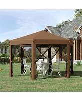 Outsunny 13' x 13' Heavy Duty Pop Up Canopy with Hexagonal Shape, 6 Mesh Sidewall Netting, 3-Level Adjustable Height and Strong Steel Frame, Brown