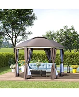 Outsunny 12' x 12' Round Outdoor Gazebo, Patio Dome Gazebo Canopy Shelter with Double Roof, Netting Sidewalls and Curtains, Zippered Doors