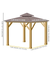 Outsunny 10x10 Hardtop Gazebo with Wooden Frame, Permanent Metal Roof Gazebo Canopy with Ceiling Light Hook for Garden, Patio, Backyard, Brown