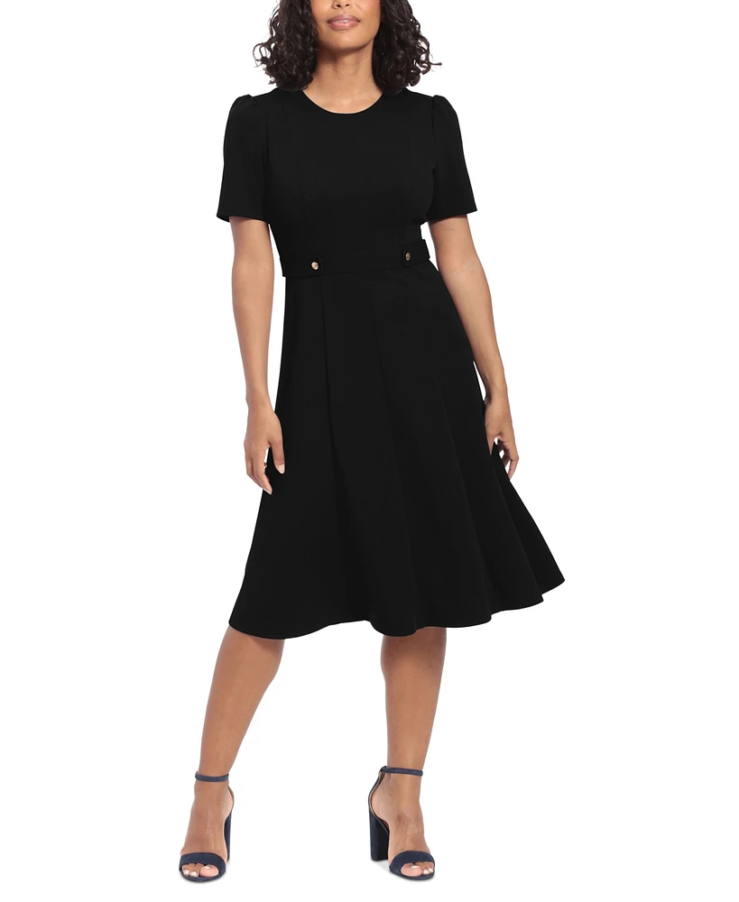 London Times Women's Puff-Sleeve Tab-Detail Fit & Flare Dress