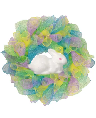 Colorful Deco Mesh Ribbon Easter Bunny Wreath 24" Unlit