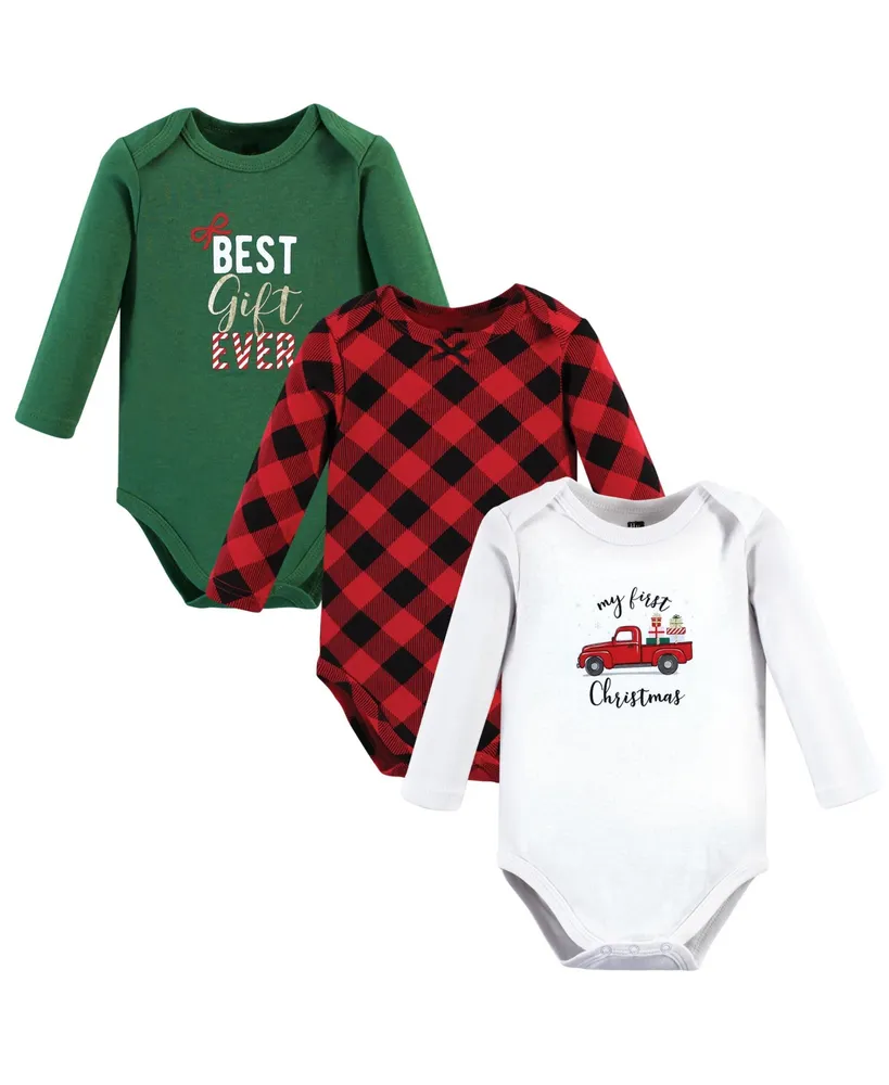 Hudson Baby Girls Cotton Long-Sleeve Bodysuits, Christmas gift 3-Pack - 3