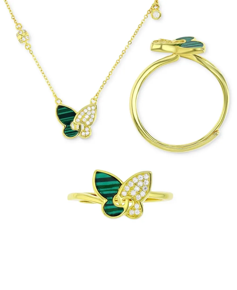 2-Pc. Set Lab-Grown Malachite & Cubic Zirconia Butterfly Pendant Necklace Matching Ring 14k Gold-Plated Sterling Silver