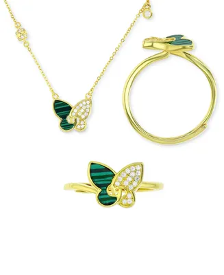 2-Pc. Set Lab-Grown Malachite & Cubic Zirconia Butterfly Pendant Necklace Matching Ring 14k Gold-Plated Sterling Silver