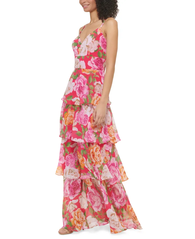 Eliza J Women's Floral-Print V-Neck Tiered Gown
