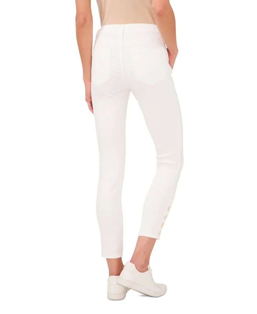 CeCe Women's Floral-Button Mid-Rise White Wash Skinny Jeans