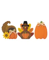 Glitzhome 7" H Set of 3 Thanksgiving Wooden Pumpkin, Turkey Cornucopia Table Decor