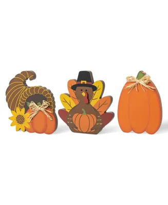 Glitzhome 7" H Set of 3 Thanksgiving Wooden Pumpkin, Turkey Cornucopia Table Decor